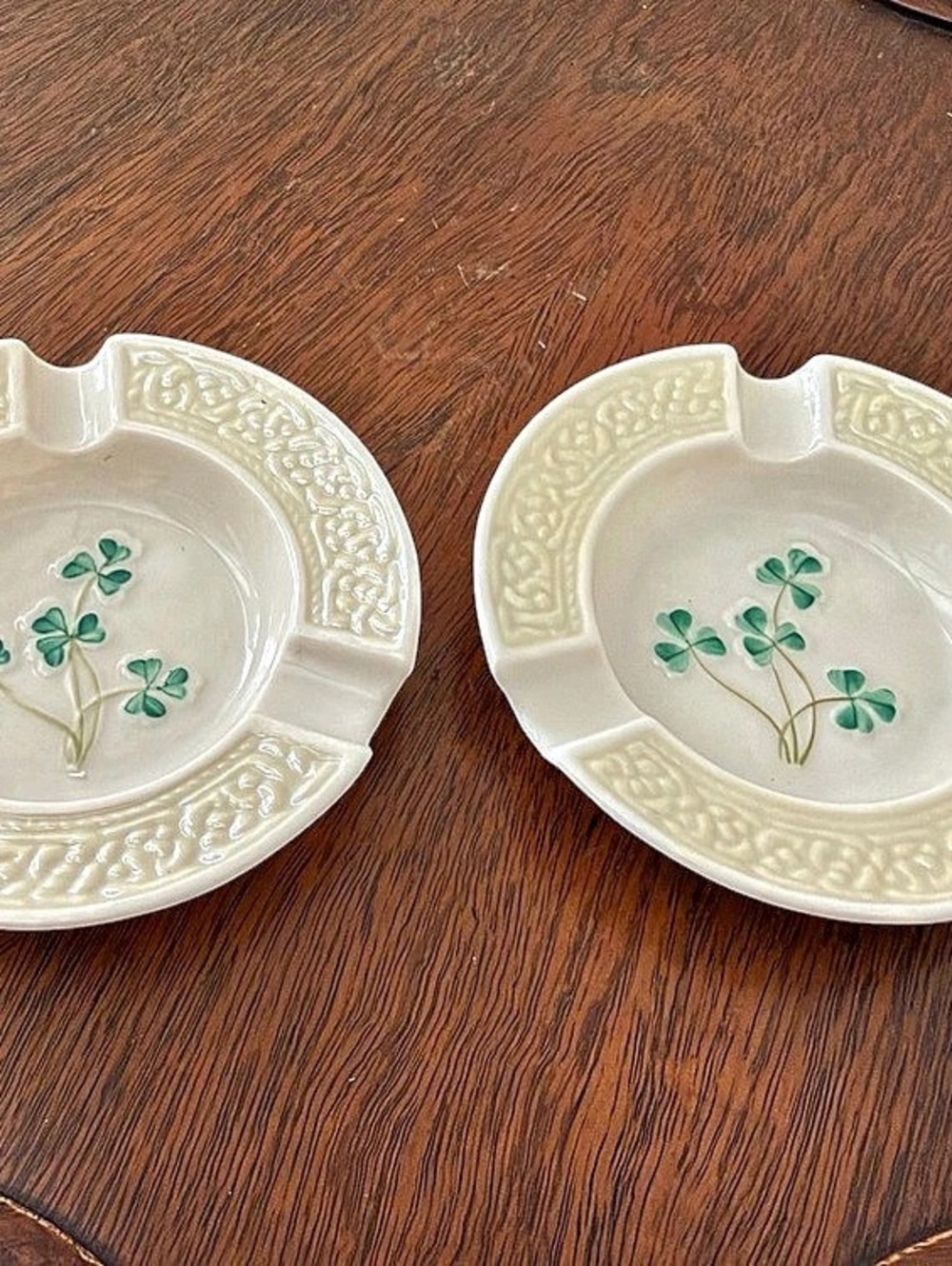 Belleek Shamrock Basketweave Ashtray Floral Ceramic Ashtrays Set of 2 Cream &